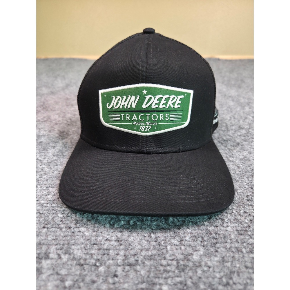 John Deere Trucker Hat Mens OSFA Black Green Patch Mesh Back Stretch Fit Cap‎